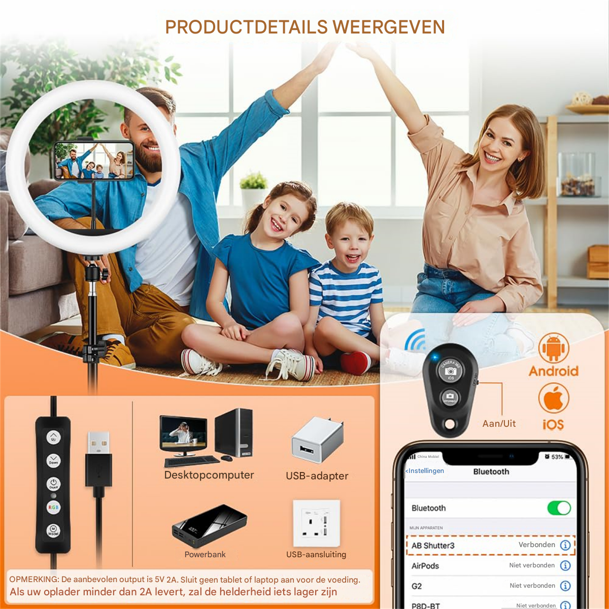 Eine Familie mit zwei Kindern, die ein Ringlicht und Zubehör für Smartphones präsentieren.