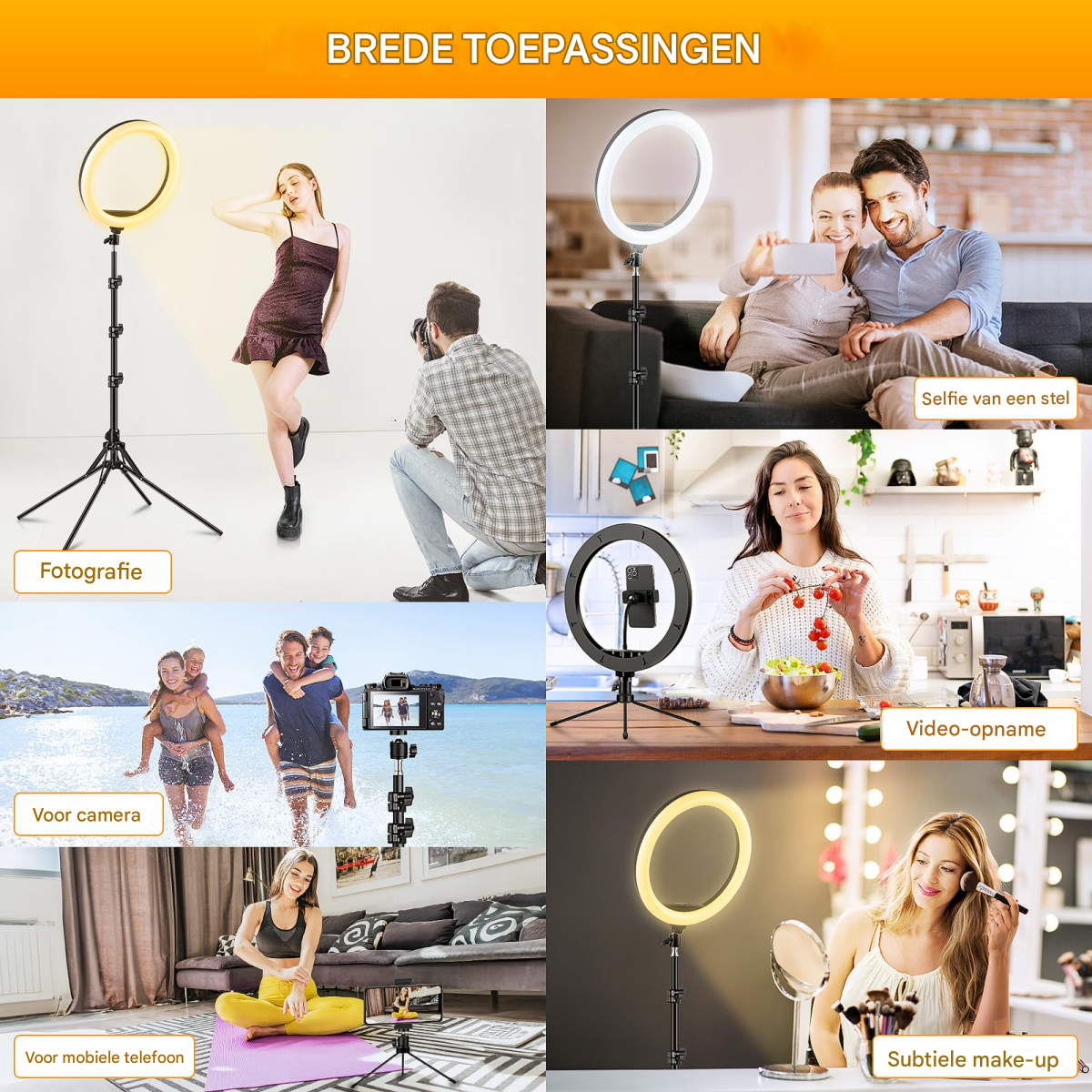 Verschiedene Anwendungsbereiche einer Ringleuchte mit Stativ, darunter Fotografie, Videoaufnahme und Make-up.