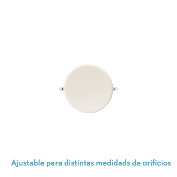 Una tapa circular blanca ajustable sobre fondo blanco con texto en español abajo.