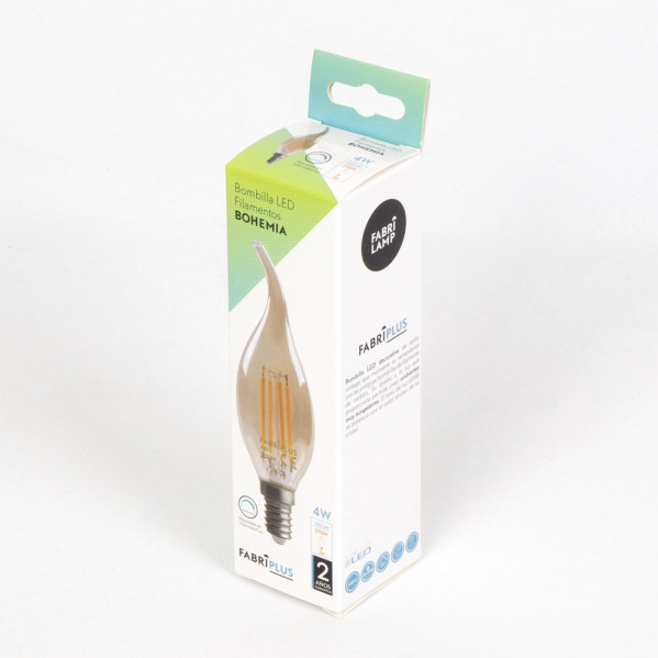 Una caja de embalaje blanca y verde para una bombilla LED decorativa con punta curvada.