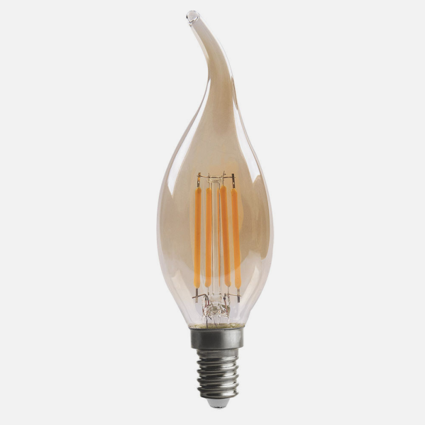 Bombilla LED tintada en ámbar con forma de llama y filamentos verticales visibles sobre fondo claro.