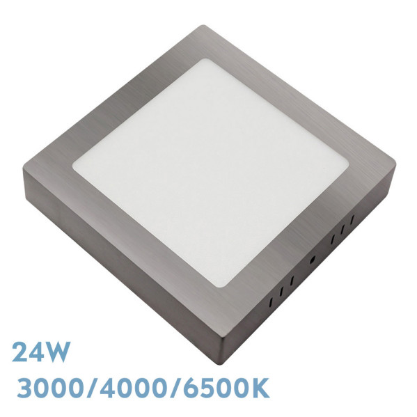 Lámpara de techo LED cuadrada de 24W con marco plateado cepillado y panel difusor blanco.