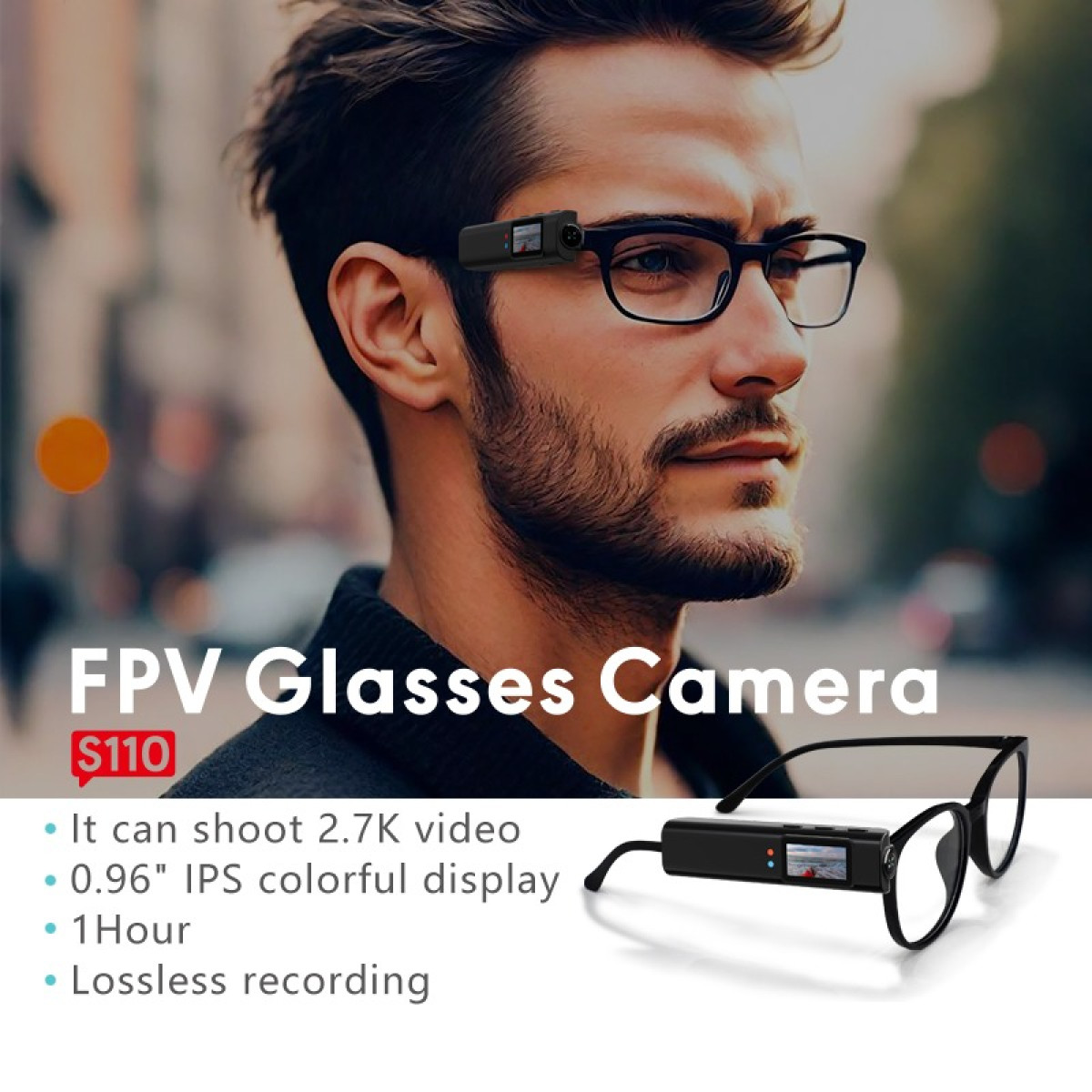 Ein Mann mit Brille und einer kleinen FPV-Kamera, Text zu Funktionen im Vordergrund.