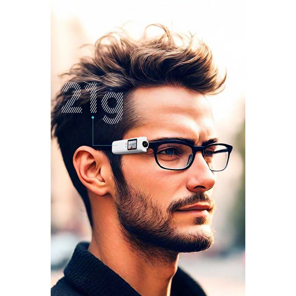 Ein Mann mit Brille und einem kleinen weißen Aufsteckgerät an der Seite. Im Hintergrund ist Text zu sehen.