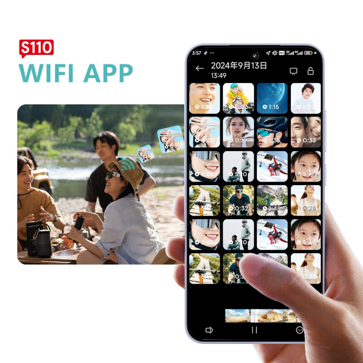 Hand hält Smartphone mit Video-App und zeigt Miniaturansichten über einer Outdoor-Szene.