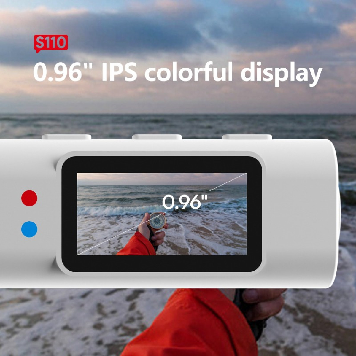 Weißes Gerät mit 0,96-Zoll-Farbdisplay zeigt eine Hand am Meer.