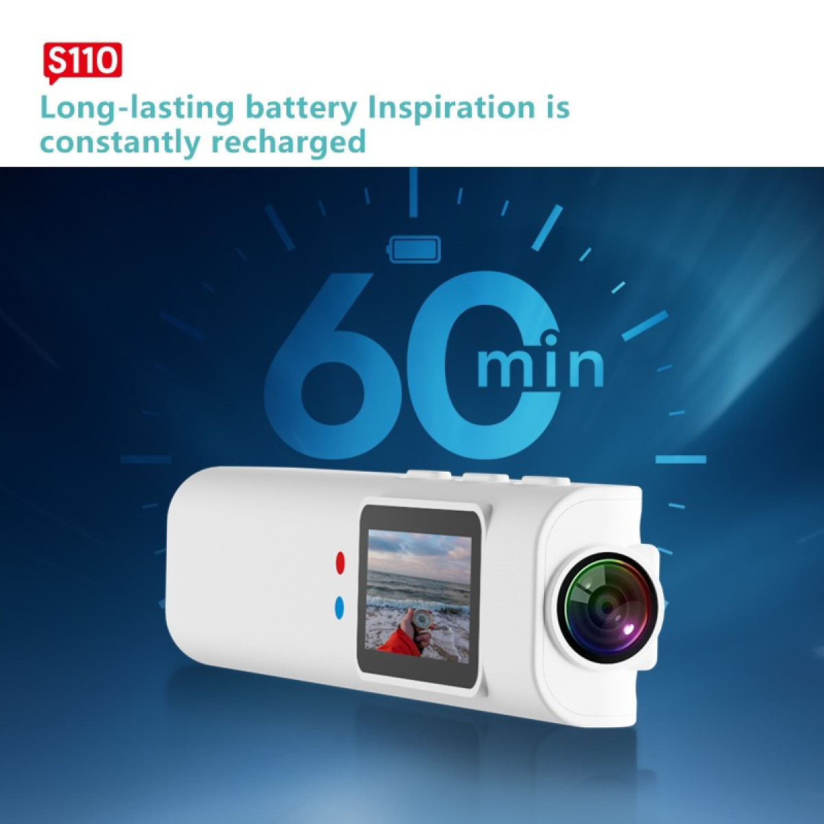 Weiße Action-Kamera vor blauem Hintergrund mit 60-Minuten-Timer und Text zur langlebigen Batterie S110.