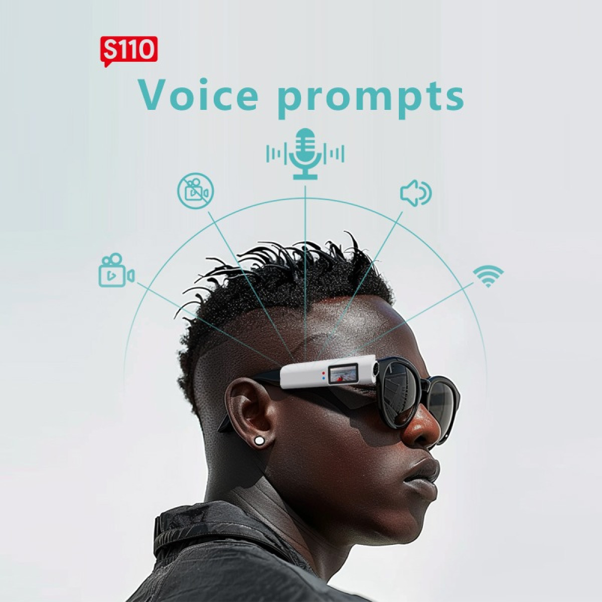 Mann mit schwarzer Brille, weißem Gadget und Icons für Sprachansagen über seinem Kopf.