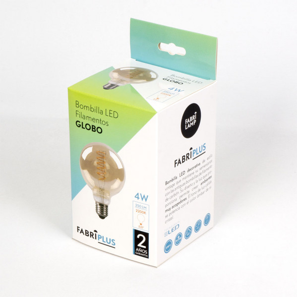 Una caja de producto blanca y verde para una bombilla LED globo de 4W de Fabrilamp sobre fondo claro.