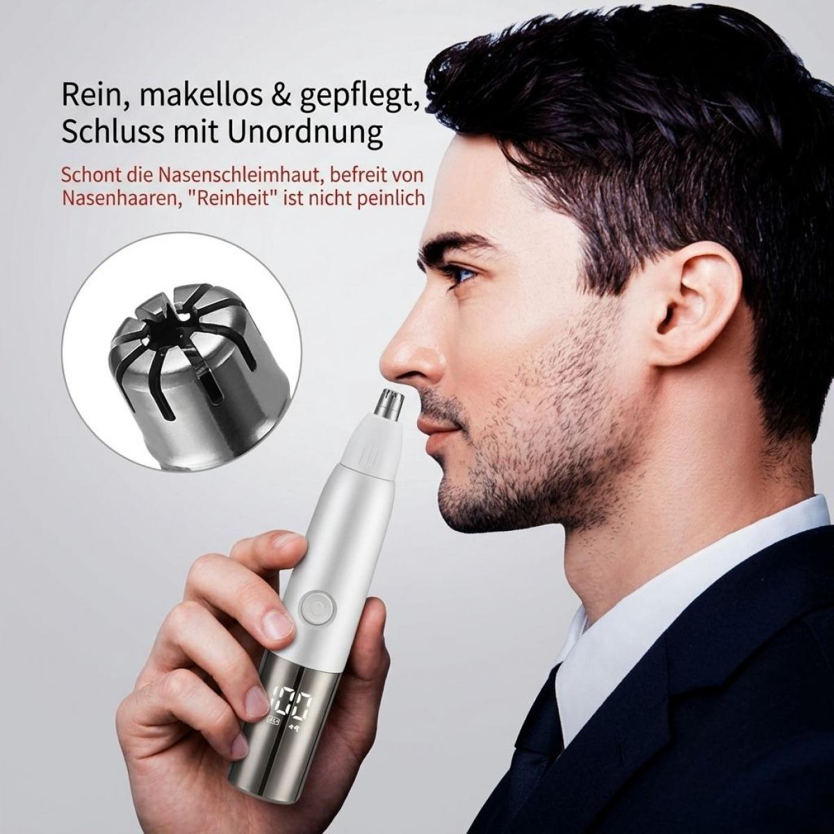 Ein Mann in einem Anzug nutzt einen silber-weißen Nasenhaartrimmer. Ein Inset zeigt den Scherkopf.