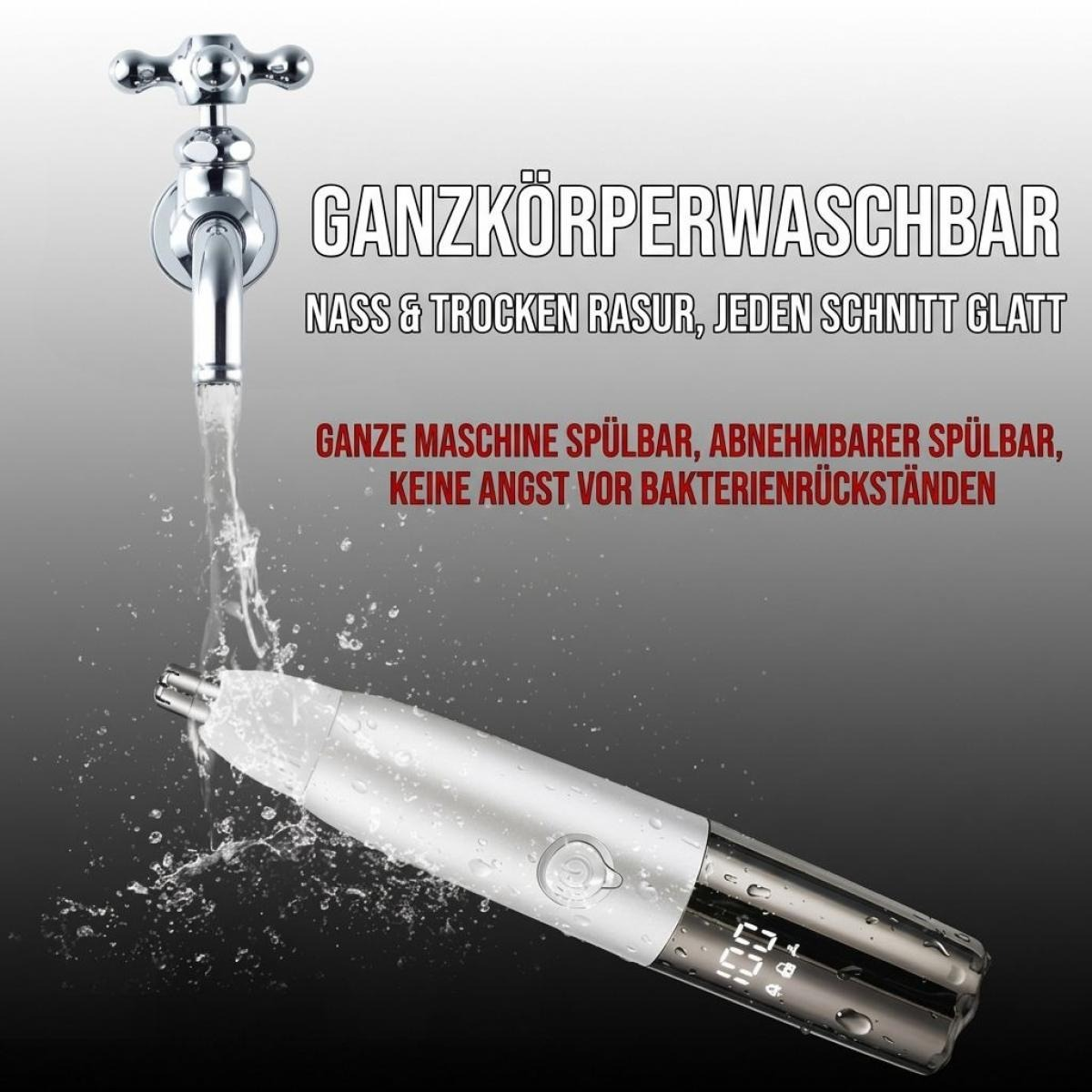 Ein silberner Nasenhaartrimmer wird unter einem fließenden Wasserhahn gereinigt, mit deutschem Werbetext.