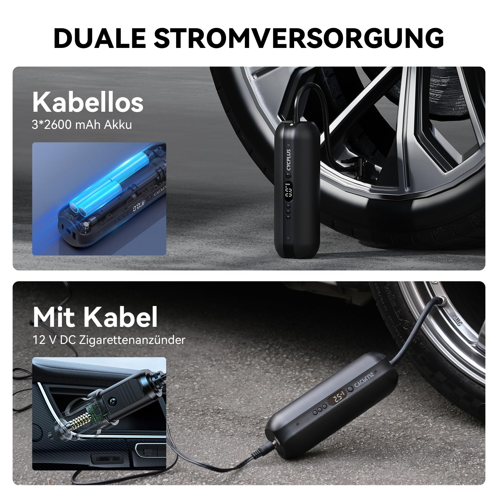 Dual power options showing a cordless tire inflator with a battery and a wired version connected to a car lighter.