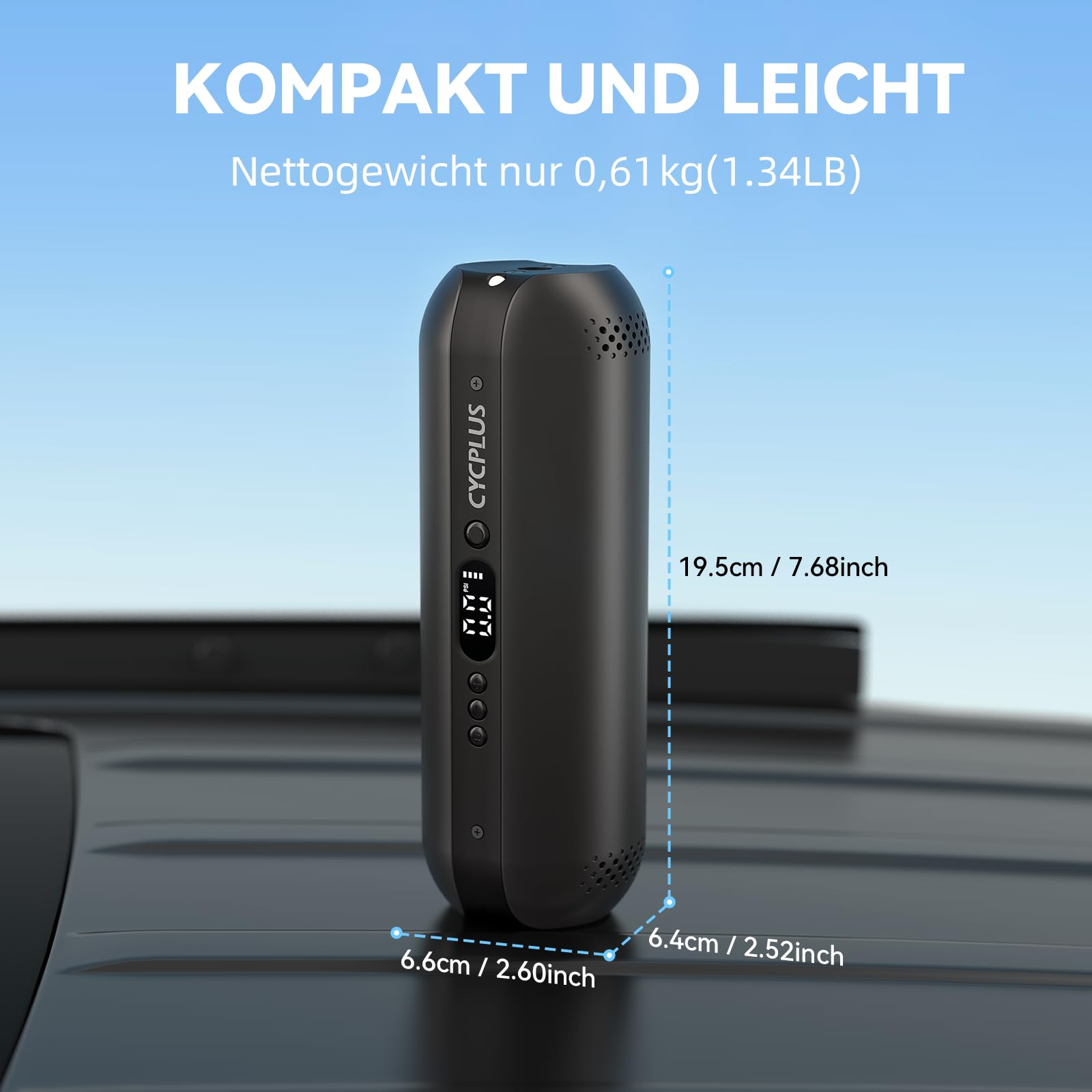 Schwarze CYCPLUS Luftpumpe mit den Maßen 19,5x6,6x6,4 cm vor blauem Himmel.