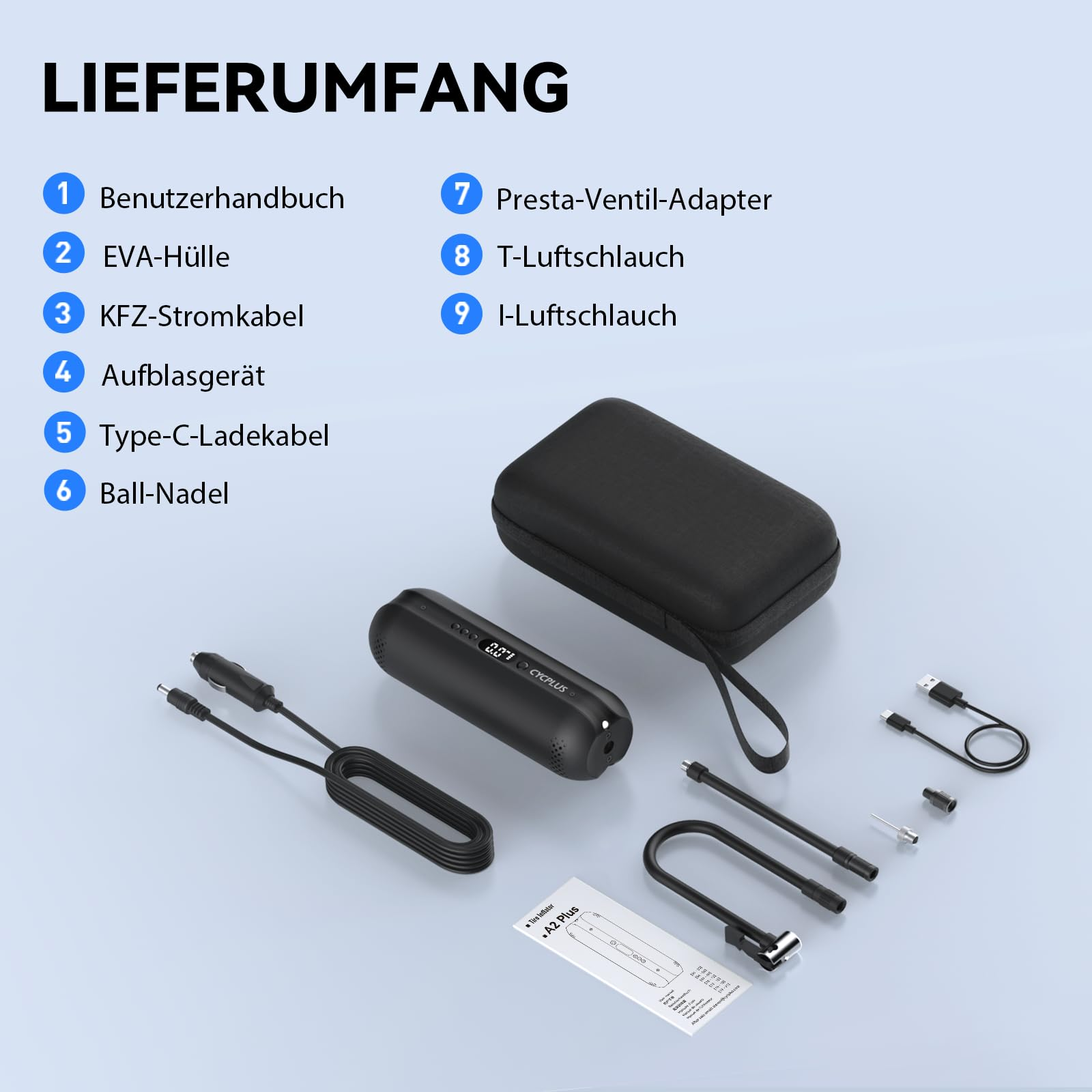 Eine schwarze mobile Reifenpumpe mit Tasche, Stromkabel, USB-C-Kabel, Schläuchen, Adaptern und Anleitung auf heller Fläche.