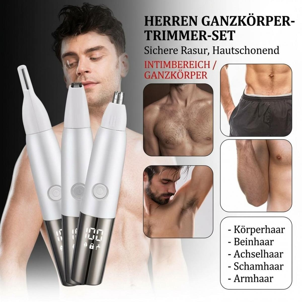 Ein Herren-Ganzkörpertrimmer mit drei Köpfen und anzeigendem Display sowie Anwendungsfotos am männlichen Körper.