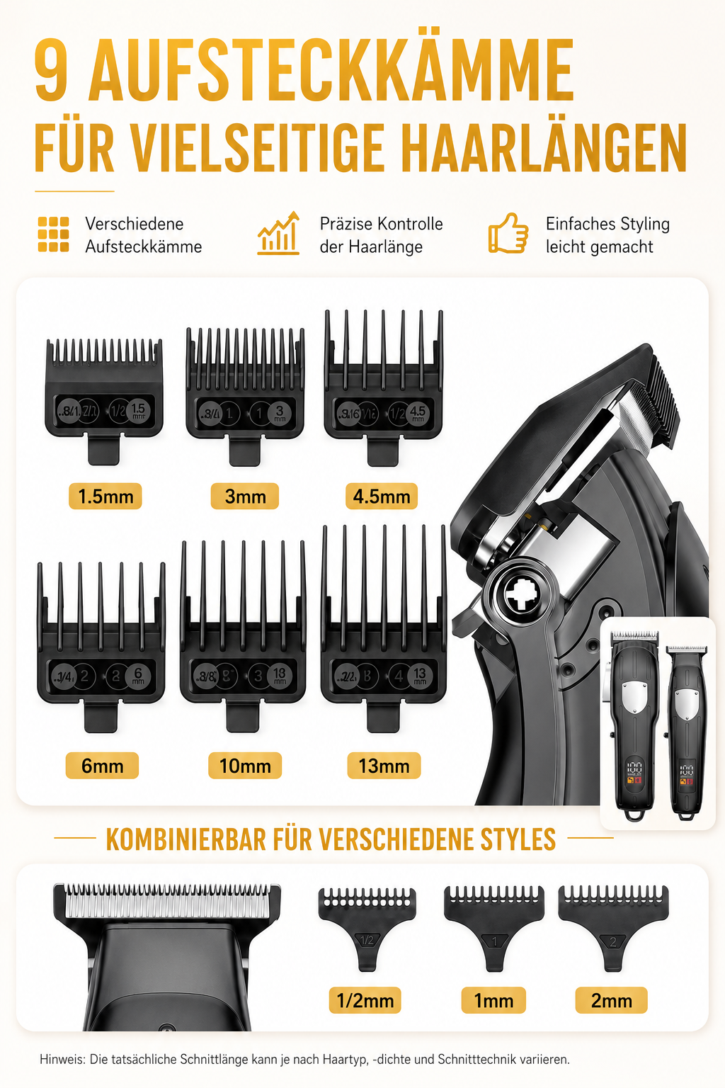 Haarschneidemaschine mit neun verschiedenen Aufsteckkämmen für diverse Schnittlängen und Styles.
