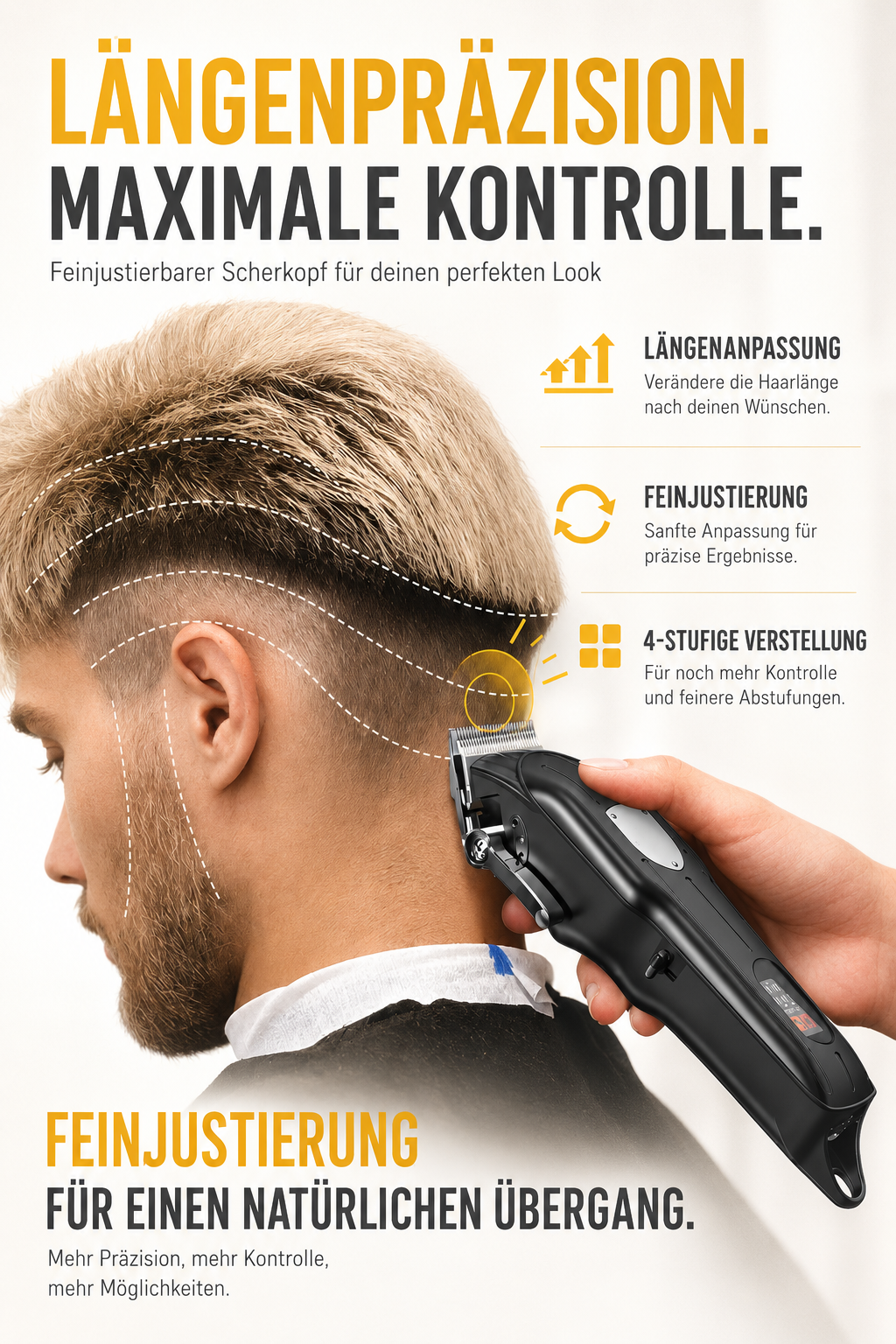 Ein Haarschneider trimmt das Haar an der Seite eines Mannes, mit Hinweisen auf Längenanpassung und Feinjustierung.