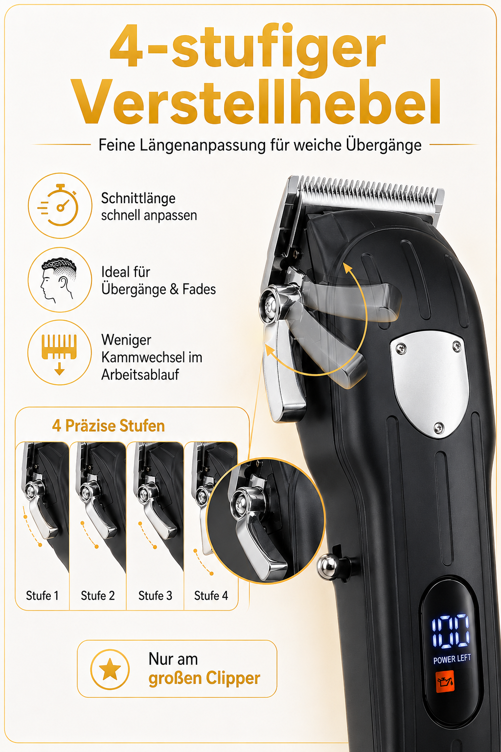 Haarschneidemaschine mit 4-stufigem Verstellhebel für präzise Längenanpassung.