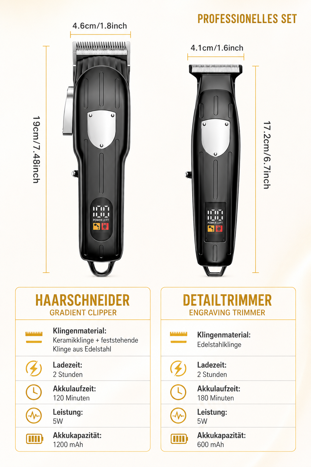 Professionelles Set mit Haarschneider und Detailtrimmer, inklusive Maßen und technischen Daten.