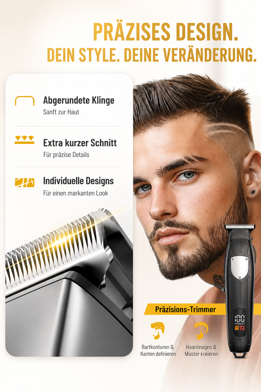 Haarschneider-Werbung mit Mann, der einen Trimmer und eine vergrößerte Klinge zeigt.