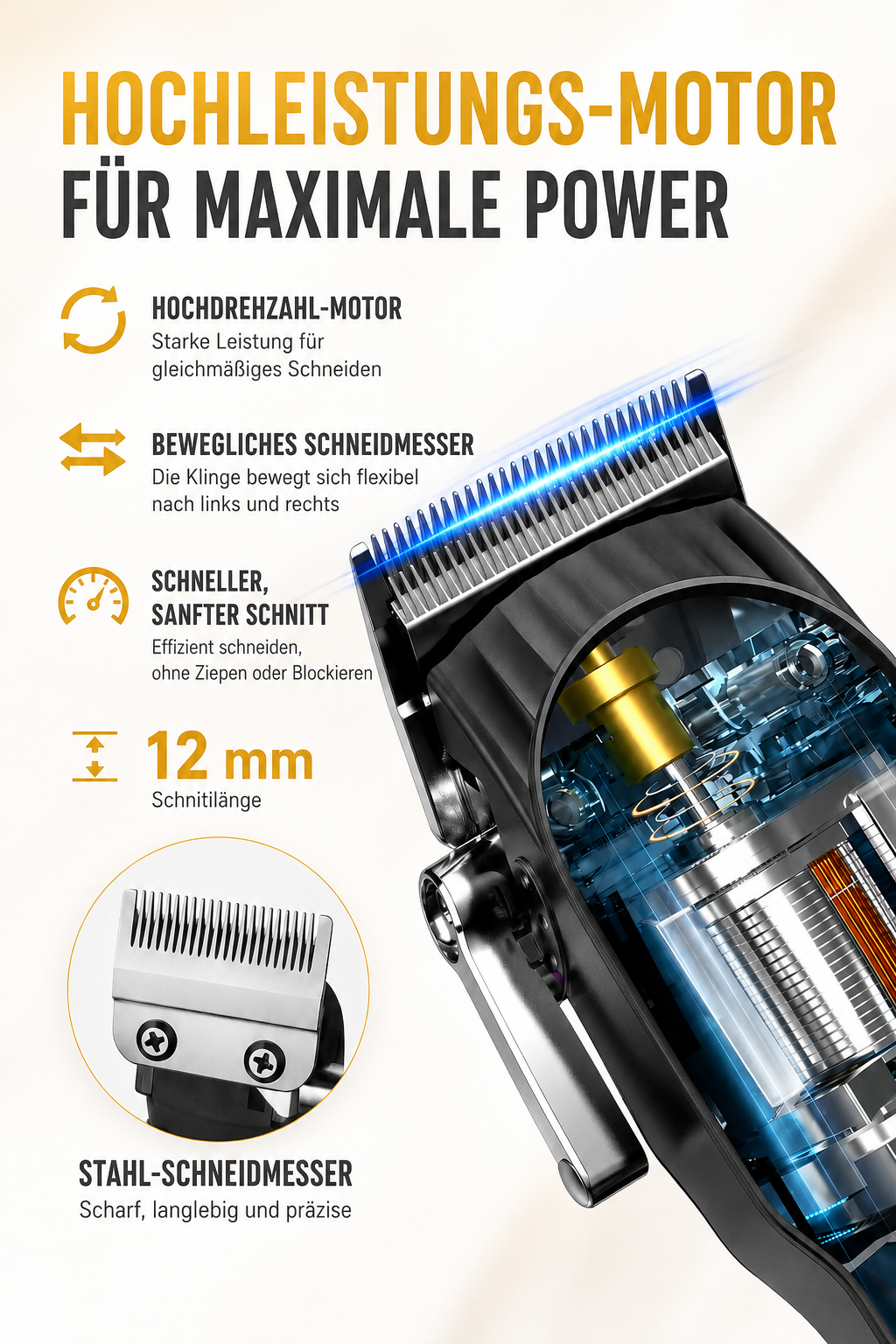 Infografik zeigt innere Motorteile und Stahlklingenfunktionen einer Haarschneidemaschine mit deutschem Text.