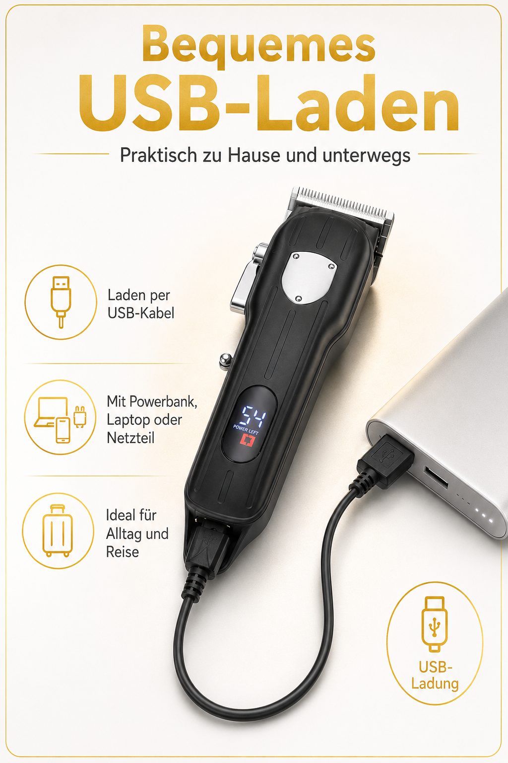 Schwarze Haarschneidemaschine, die per USB-Kabel an eine Powerbank angeschlossen ist, mit deutscher Textgrafik.