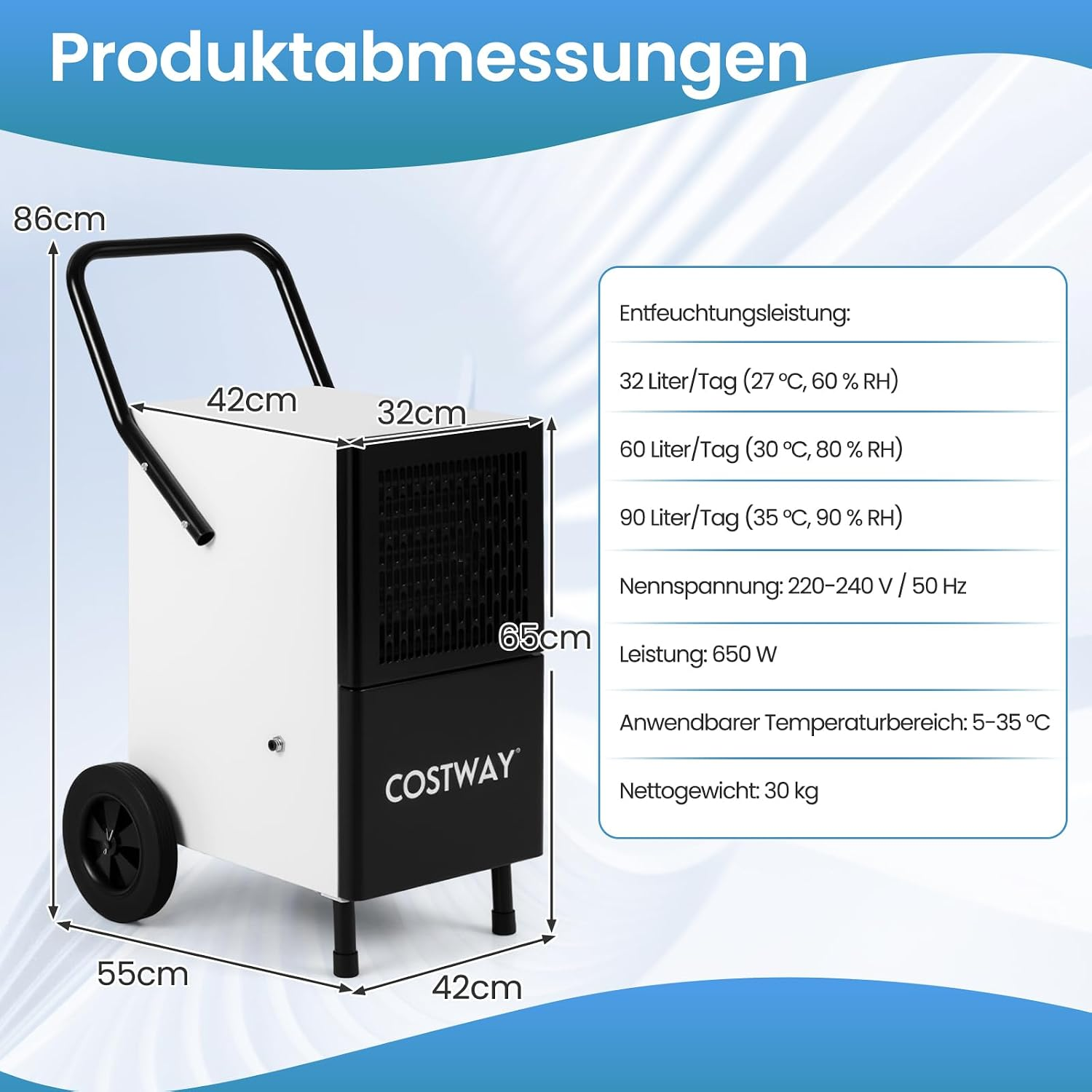 Technische Zeichnung mit Produktabmessungen und Spezifikationen eines weißen und schwarzen Luftentfeuchters.