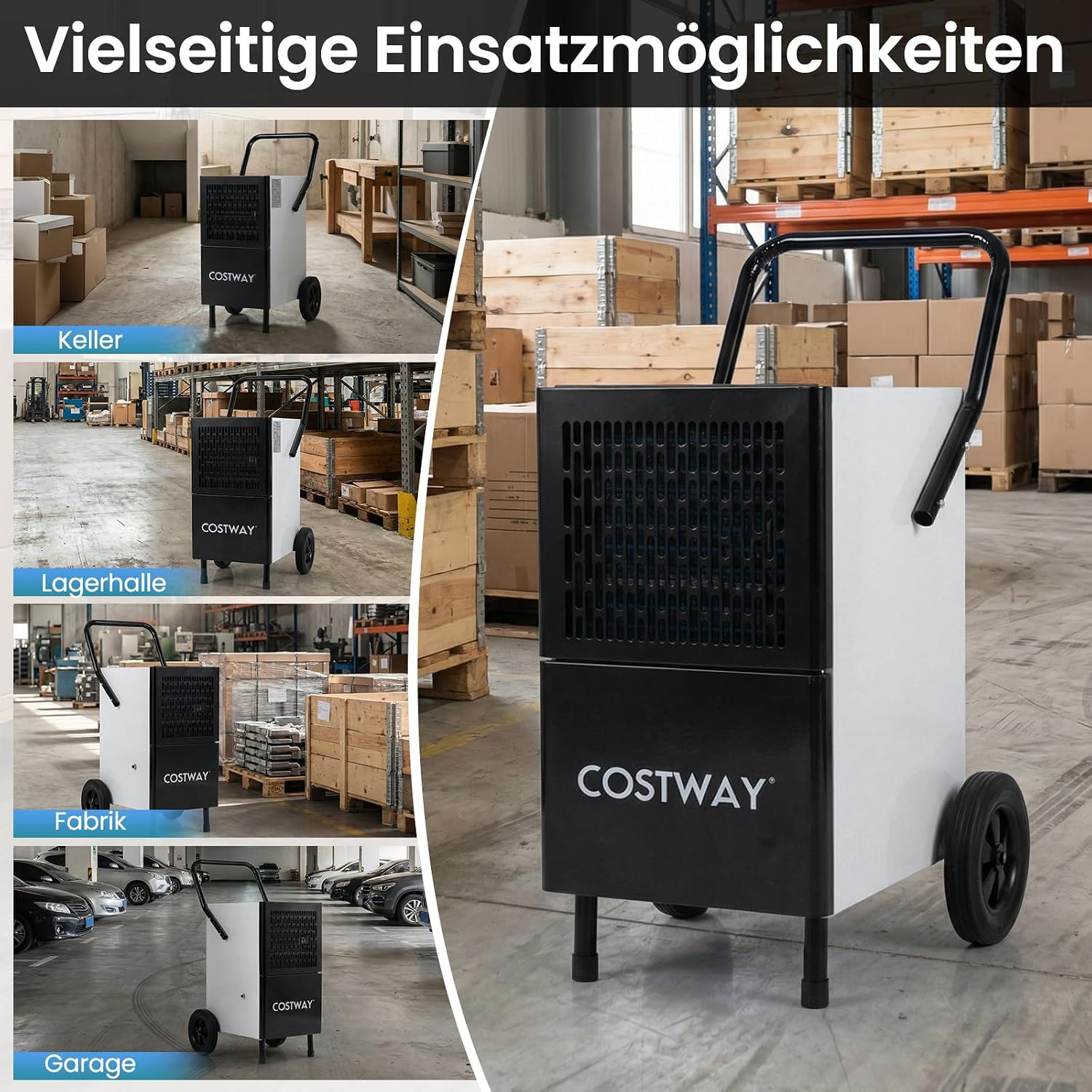 Ein tragbarer weiß-schwarzer Costway-Luftentfeuchter mit Rollen steht in verschiedenen Innenräumen wie Keller und Lager.