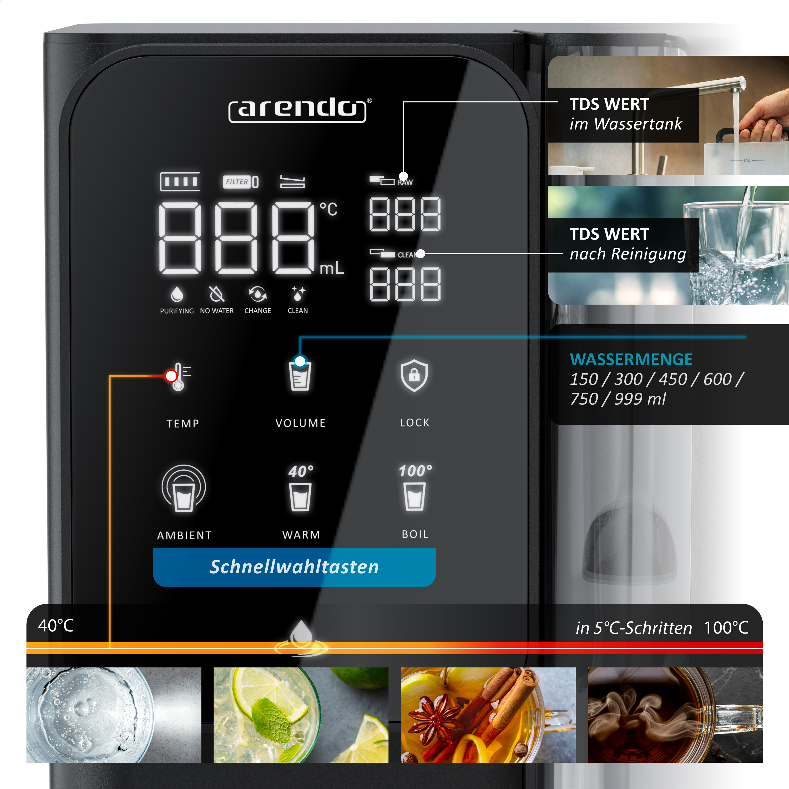 Bedienfeld eines Arendo Wasserkochers mit digitalem Display und Touch-Tasten für Temperatur und Wassermenge.