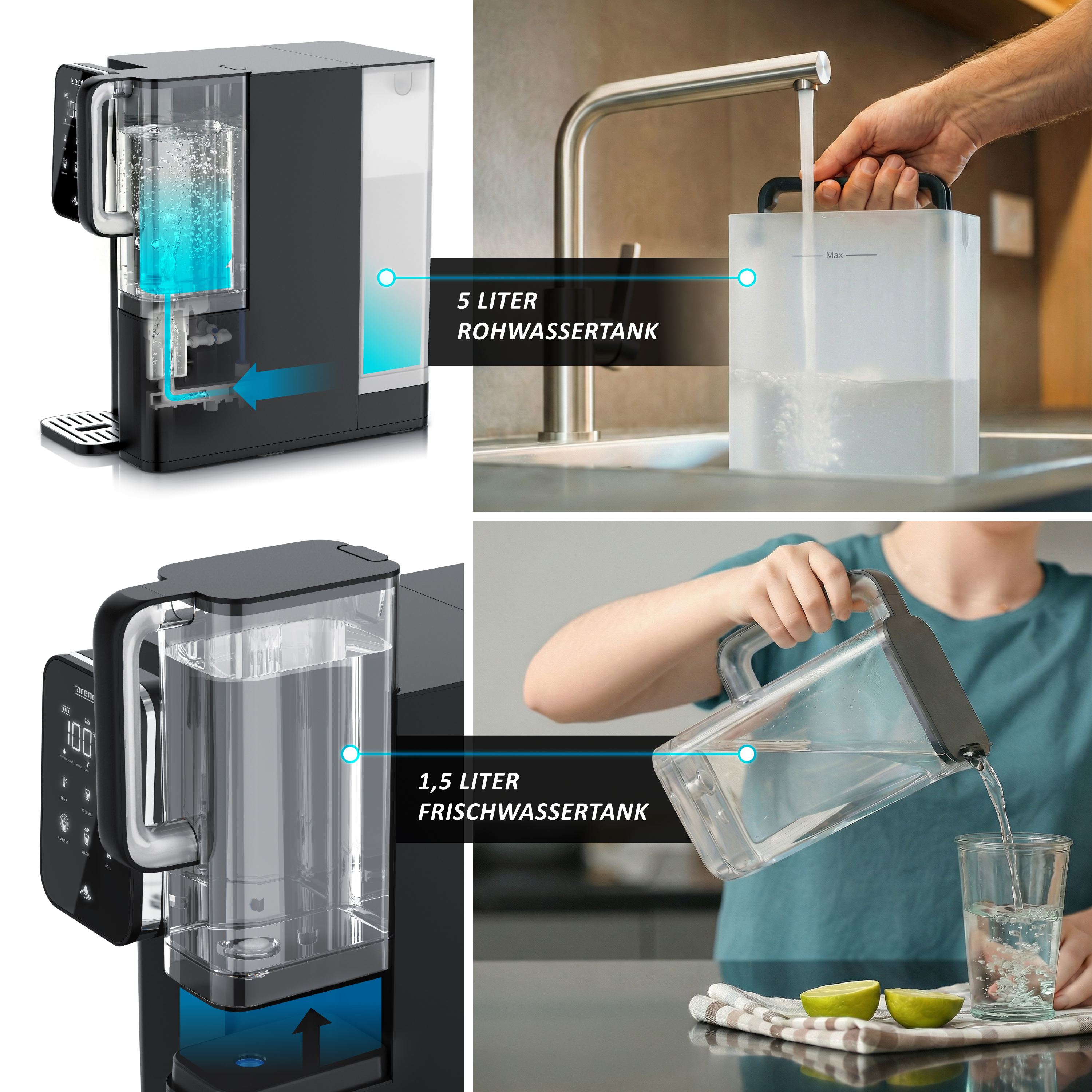 Ein schwarzer Wasserspender mit einem 5-Liter-Rohwassertank und einem 1,5-Liter-Frischwassertank beim Befüllen und Ausgießen.