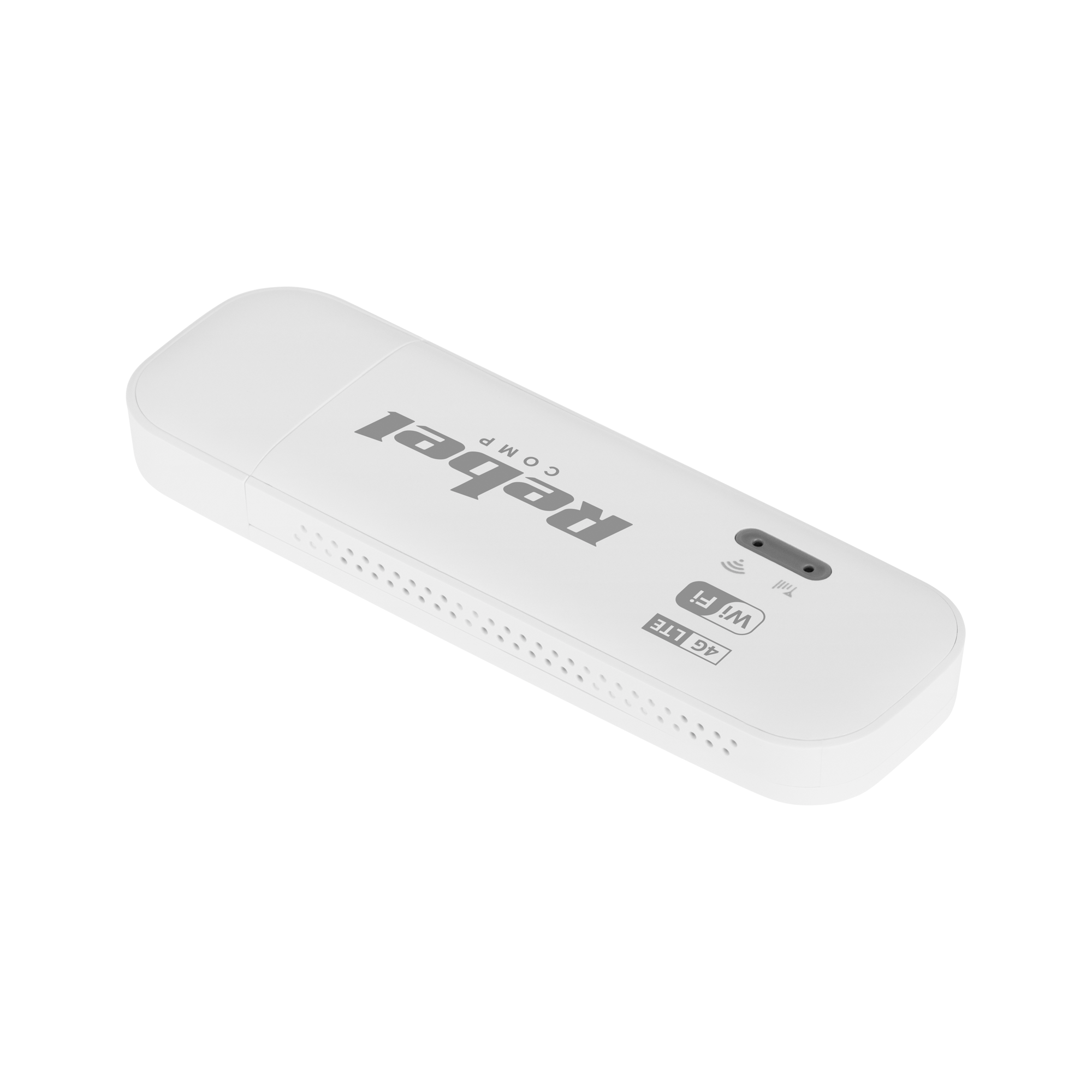 Biały modem USB Wi-Fi Rebel Comp na czarnym tle.