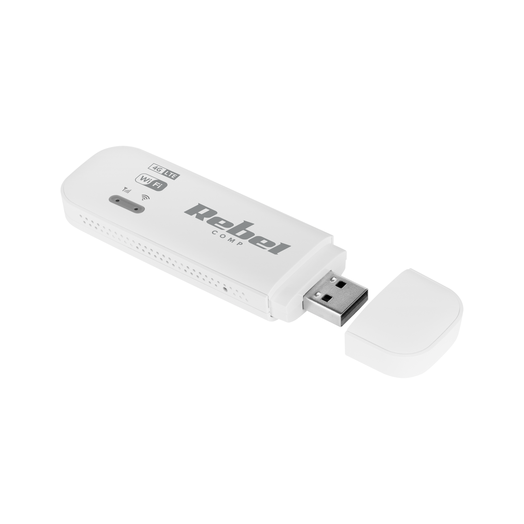 Biały modem USB Rebel Comp 4G LTE ze zdjetą zatyczką, na czarnym tle.