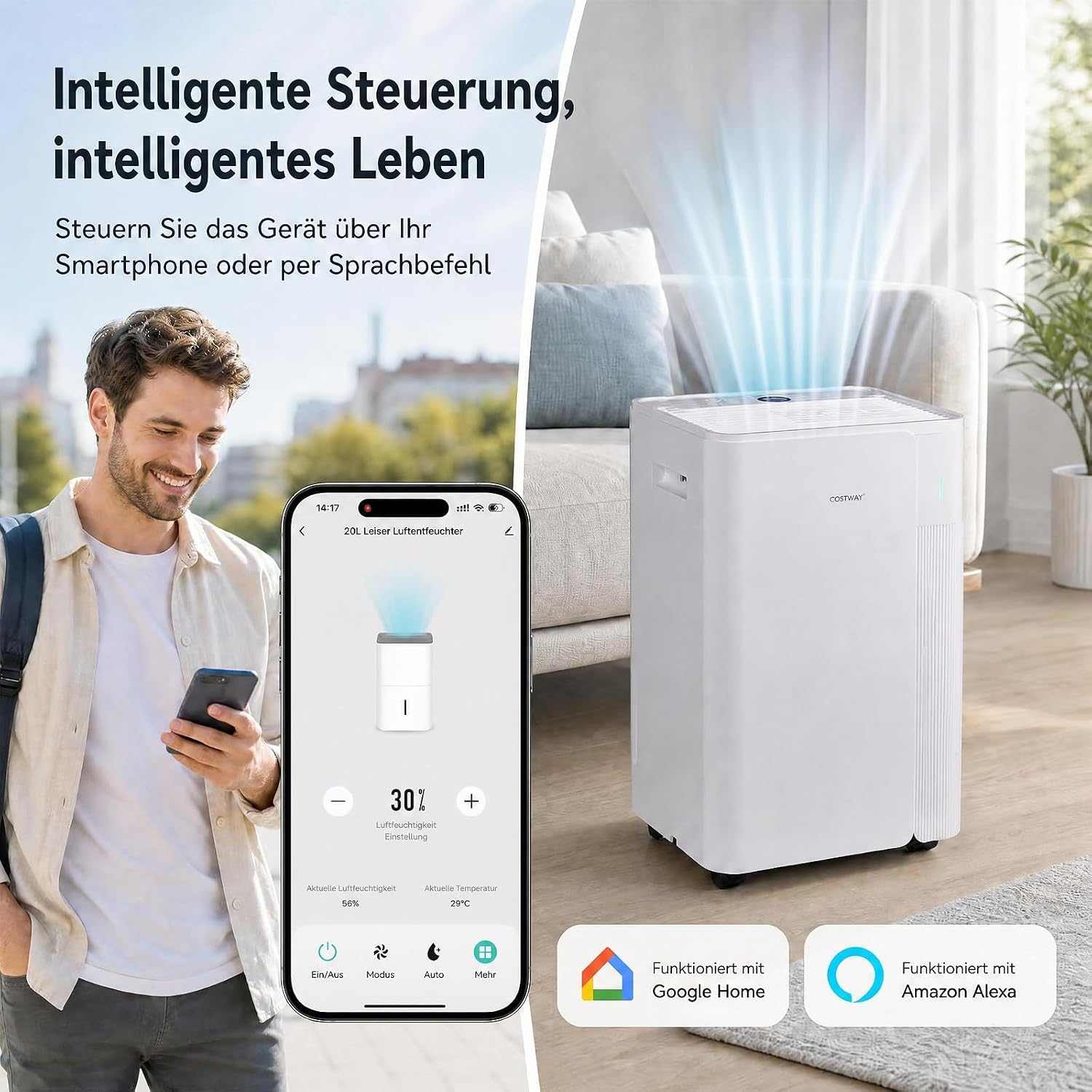 Ein Mann nutzt eine Smartphone-App, um einen weißen Luftentfeuchter in einem modernen Wohnzimmer zu steuern.