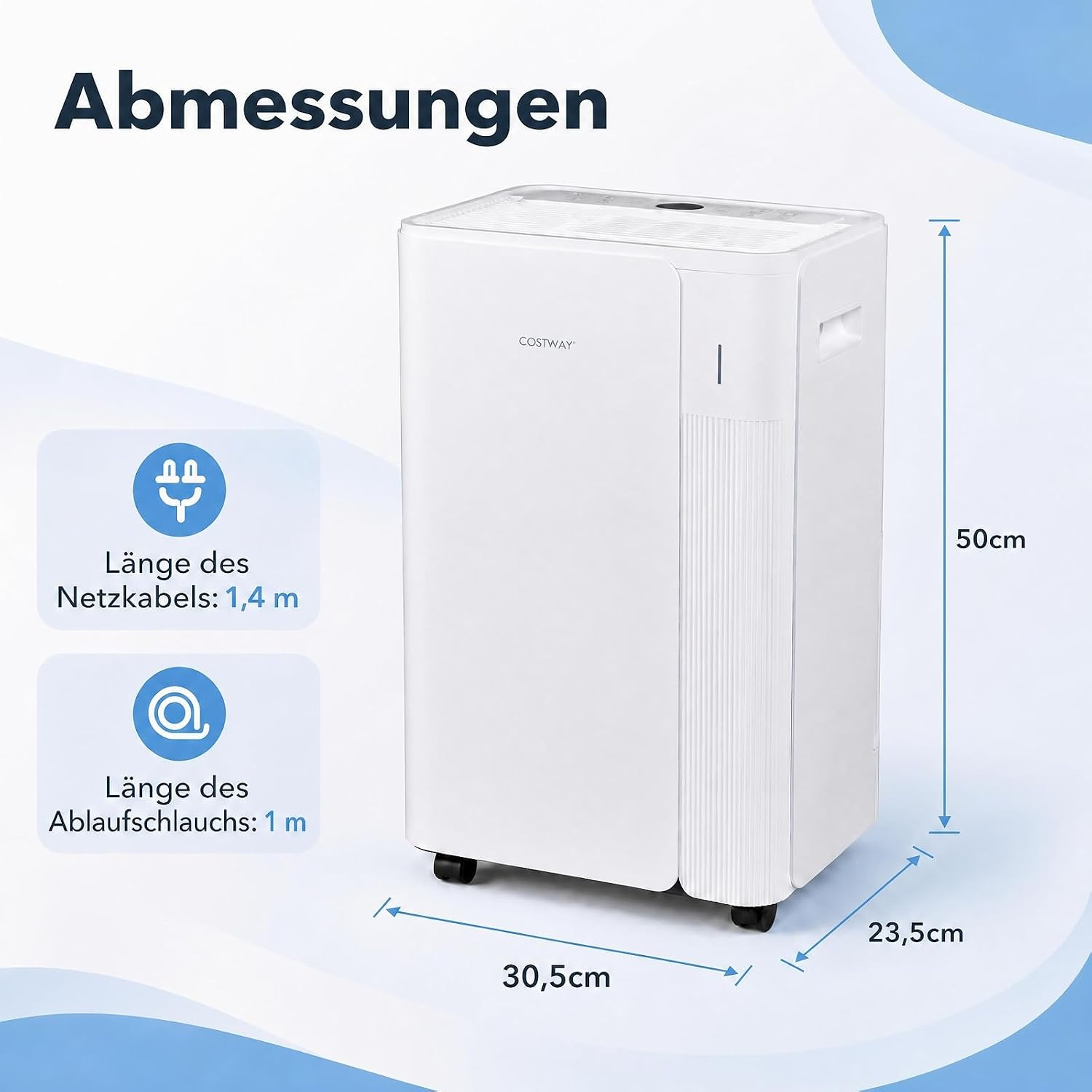 Weisser Luftentfeuchter mit Maßen von 30,5 x 23,5 x 50 cm, 1,4m Netzkabel und 1m Abluftschlauch.