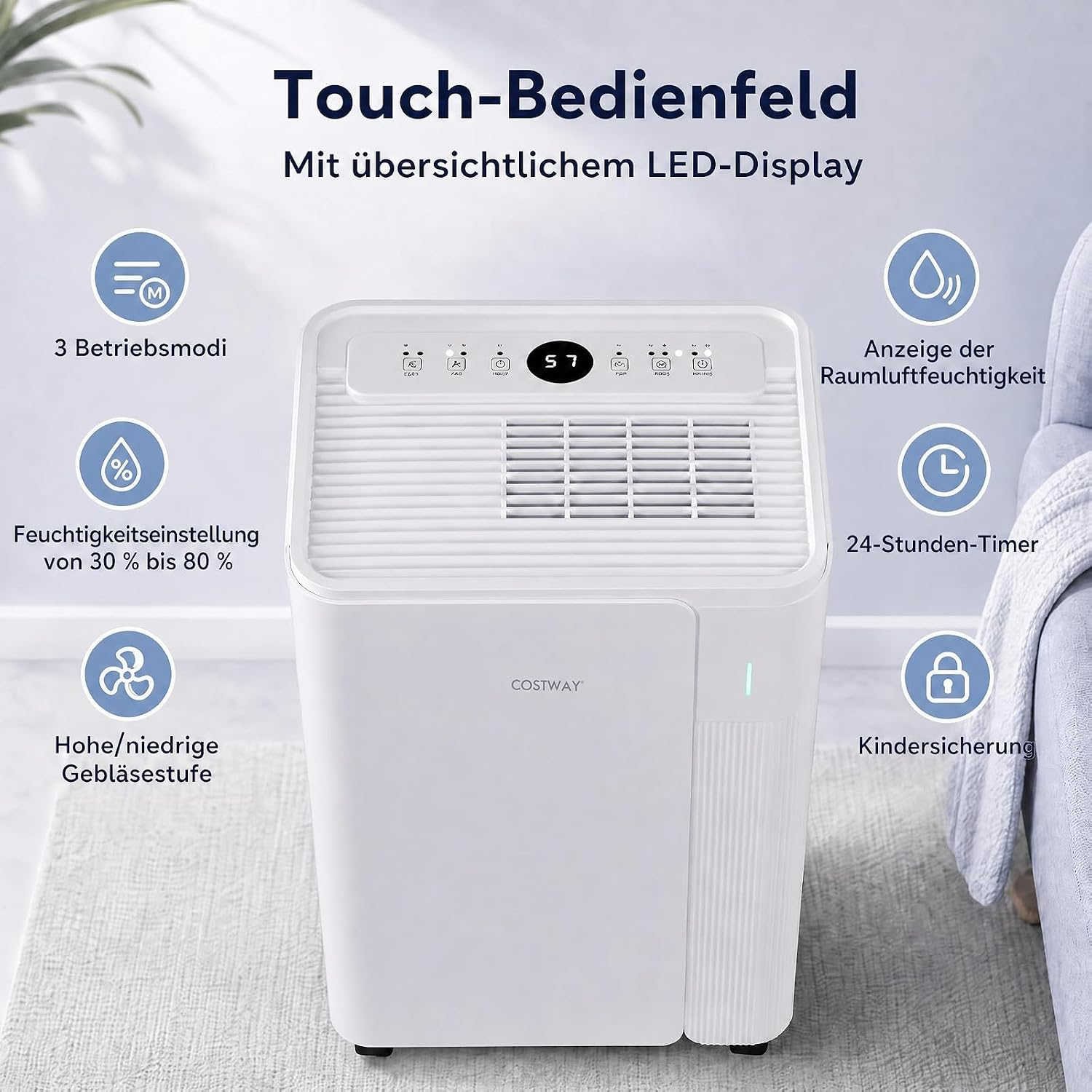 Weißer Luftentfeuchter mit Touch-Bedienfeld, LED-Display und verschiedenen Funktionssymbolen.