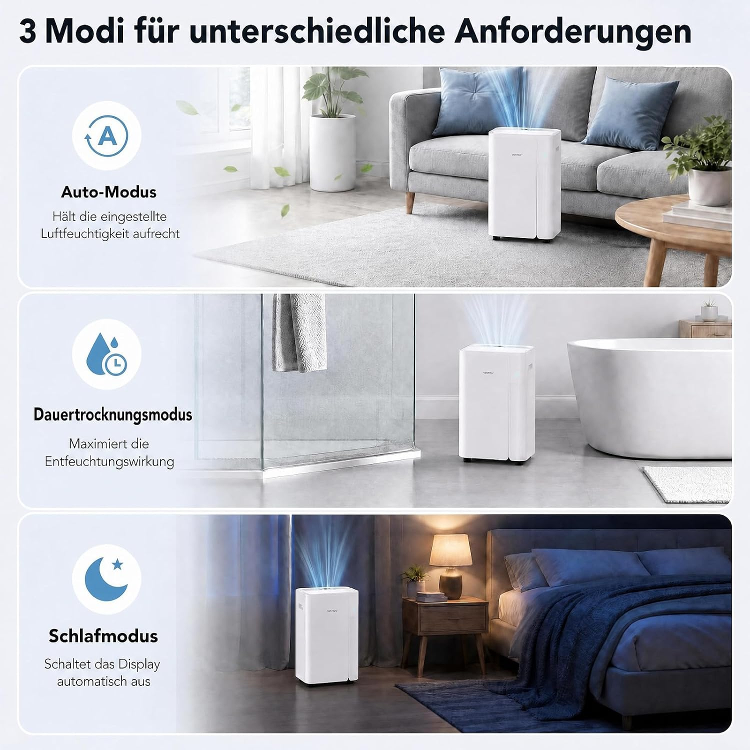 Ein weißer Luftentfeuchter in drei verschiedenen Wohnbereichen: Wohnzimmer, Badezimmer und Schlafzimmer.