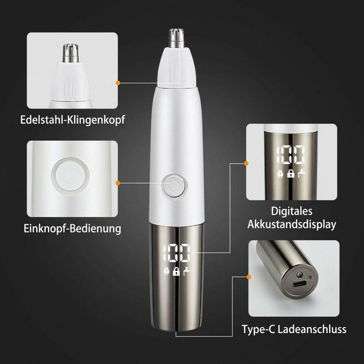 Ein weiß-grauer Nasenhaartrimmer mit Edelstahlkopf, Ein-Knopf-Bedienung, Akku-Display und Type-C-Anschluss.