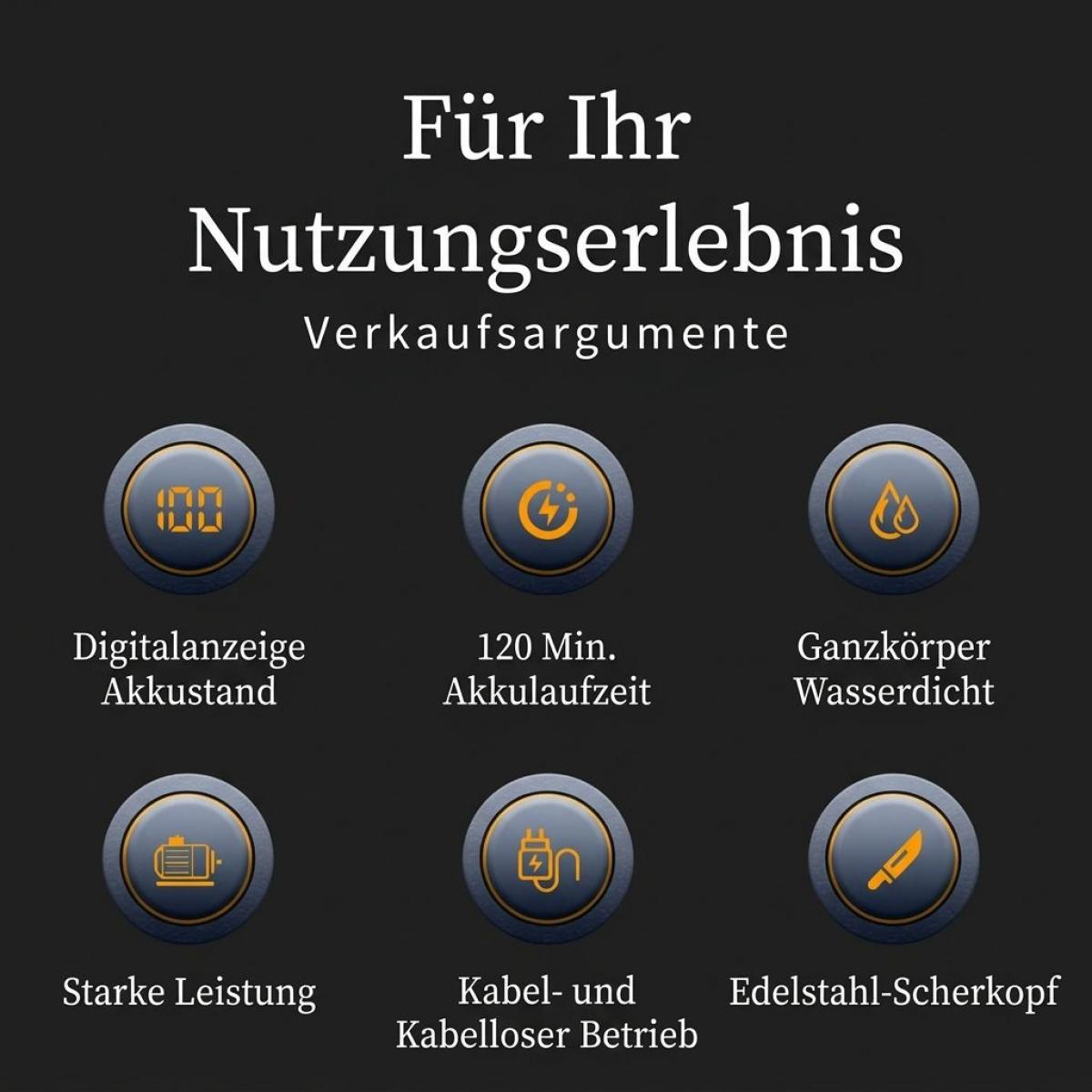 Produktvorteile: Digitalanzeige, 120 Min. Akku, wasserdicht, stark, kabellos, Edelstahl-Scherkopf.