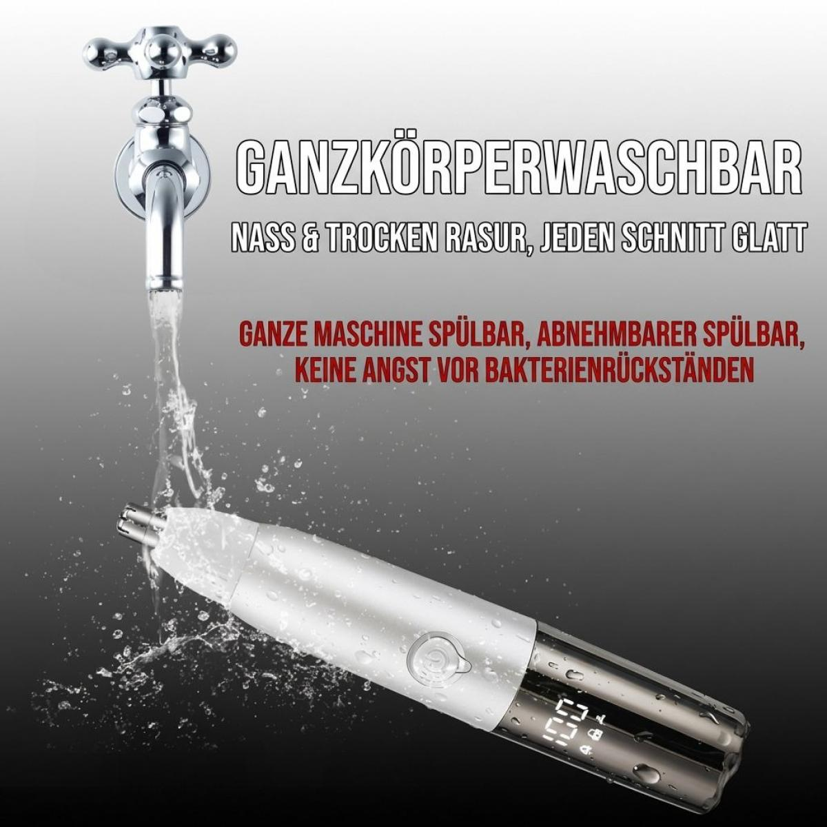 Wasserdichter Rasierer unter fließendem Wasser mit deutschem Werbetext.