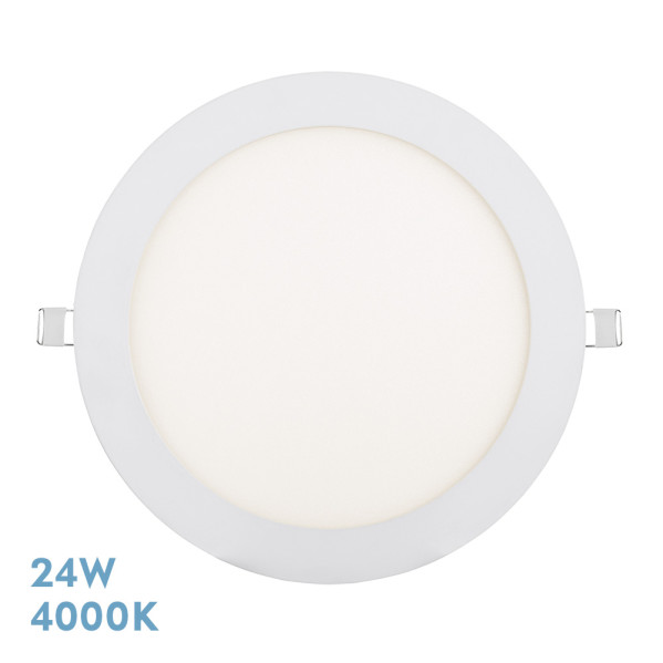Un panel de luz LED redondo y blanco con 24W y 4000K sobre fondo blanco.