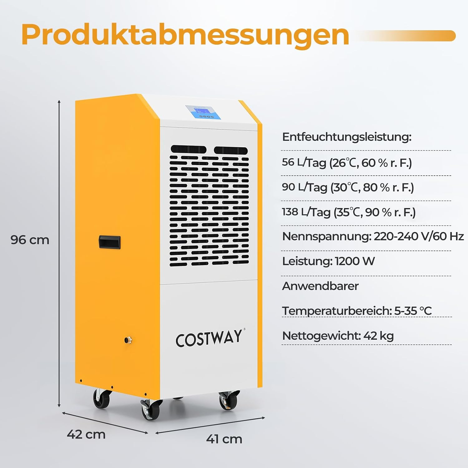 Gelber und weißer Costway Luftentfeuchter mit Maßen und technischen Daten.