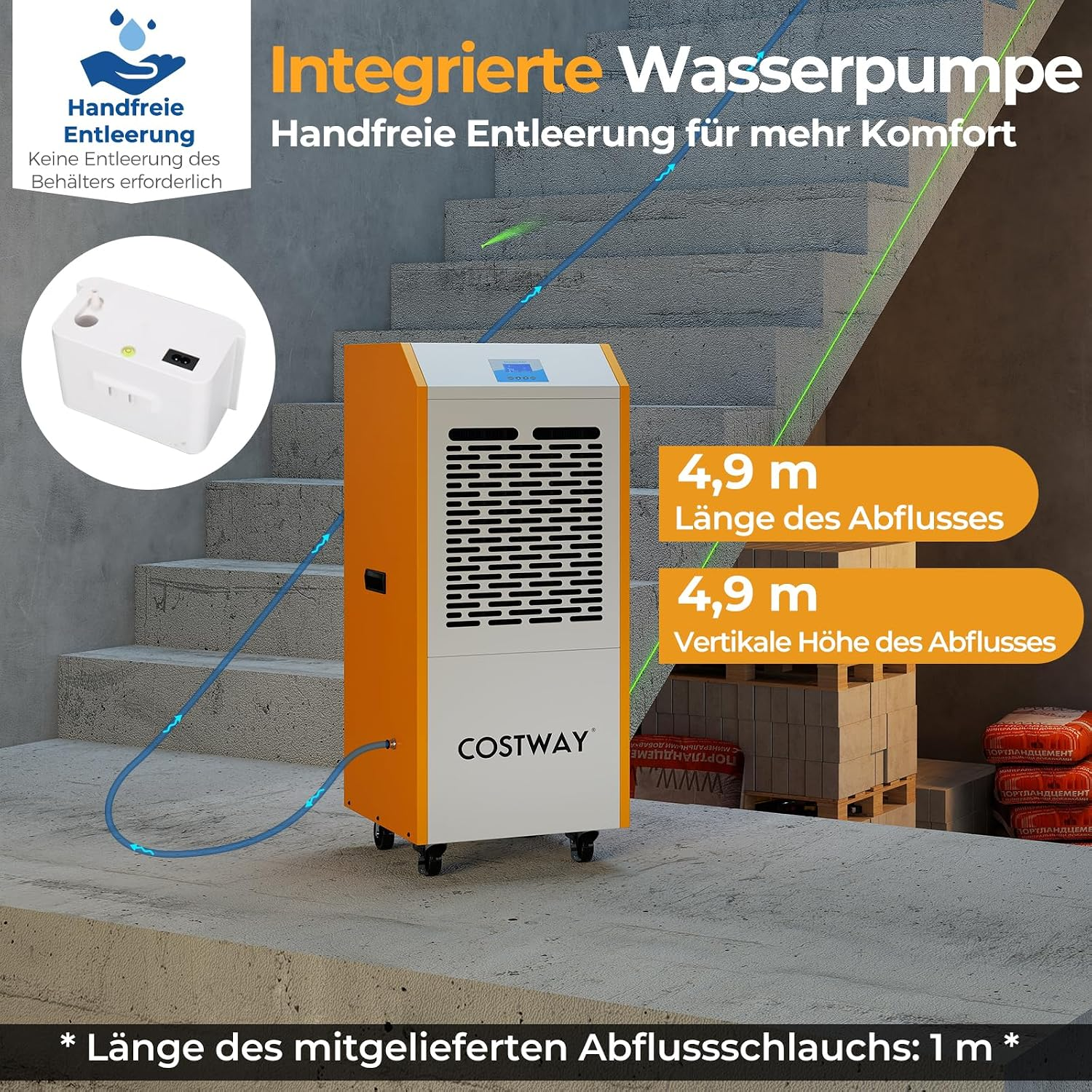 Ein gelb-weißer Costway-Entfeuchter steht auf Beton, mit integrierter Wasserpumpe und langem Abflussschlauch.