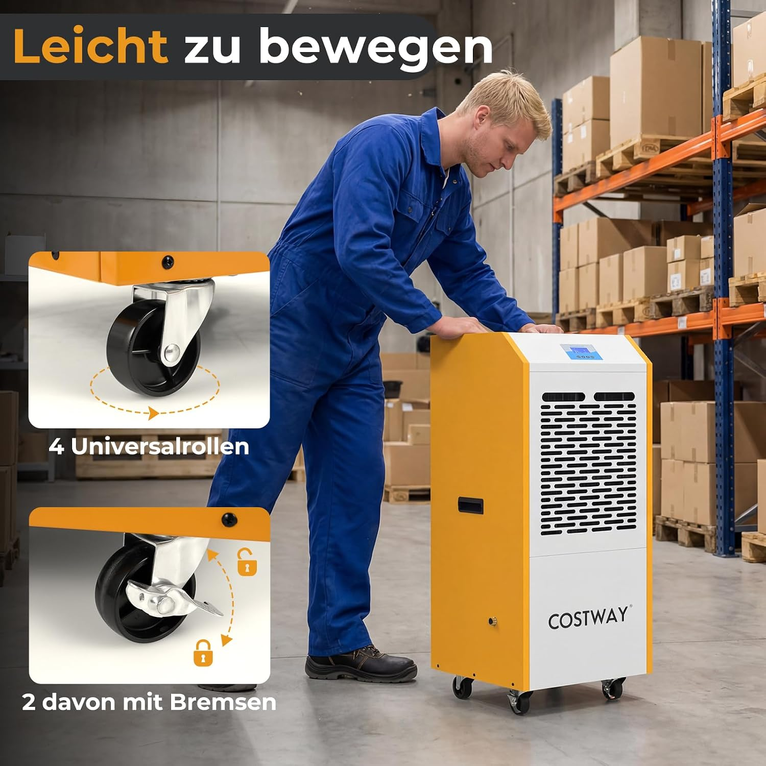 Ein Arbeiter in blauer Arbeitskleidung bewegt einen gelb-weißen Luftentfeuchter in einem Lager.