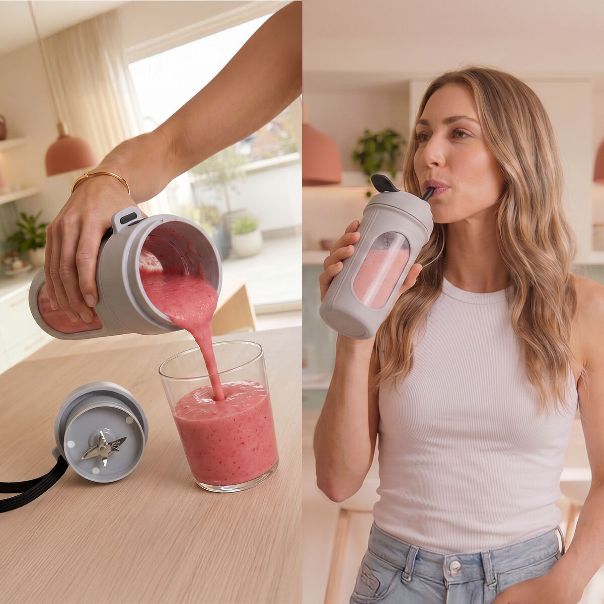Una donna versa un frullato rosa da una tazza da frullatore e ne beve in cucina.