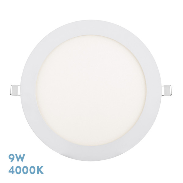 Luz LED empotrable redonda blanca con 9W y 4000K sobre fondo blanco.