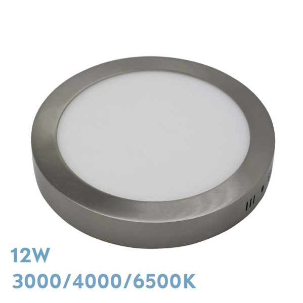 Luminaria LED redonda plateada de superficie con 12W y temperatura de color ajustable.