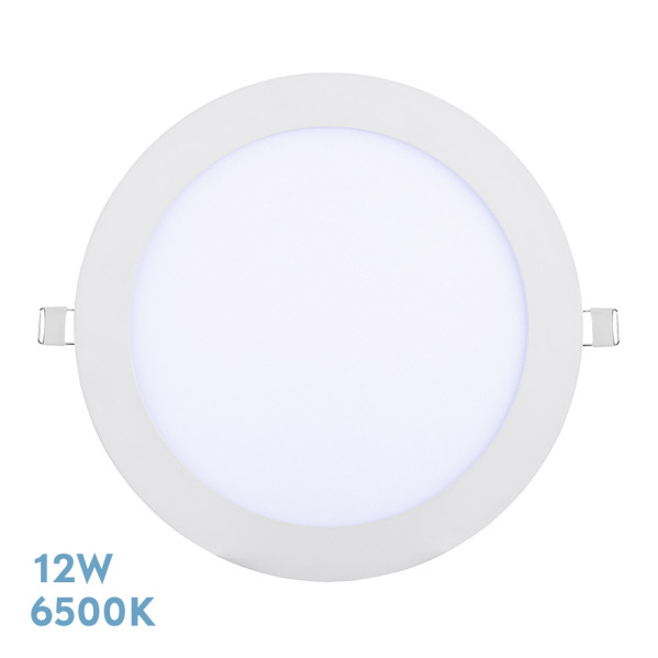 Luz LED empotrable redonda blanca con 12W y 6500K sobre fondo blanco.