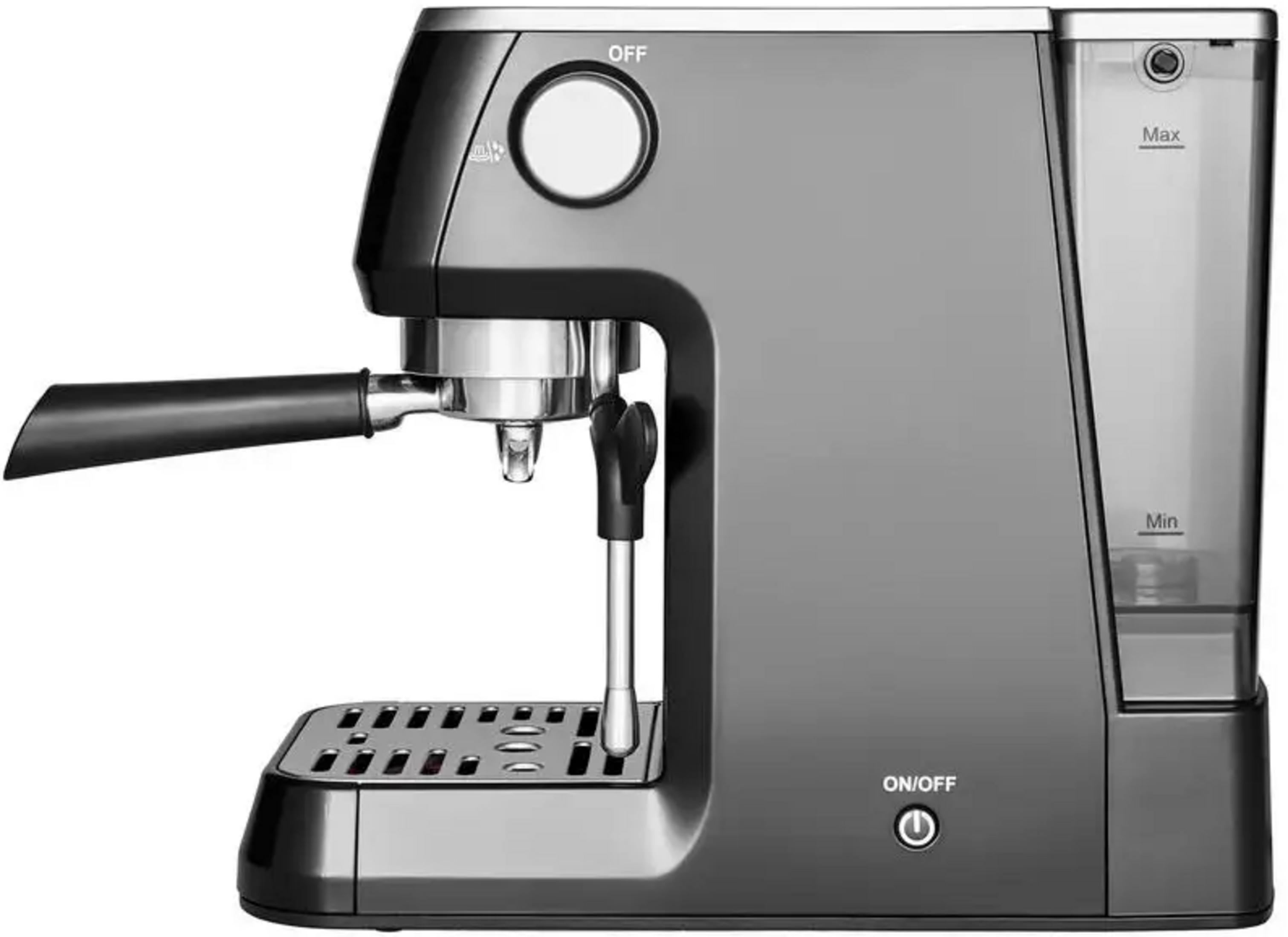 Moderna macchina da caffè espresso nera con serbatoio dell'acqua, portafiltro e lancia vapore su sfondo bianco.