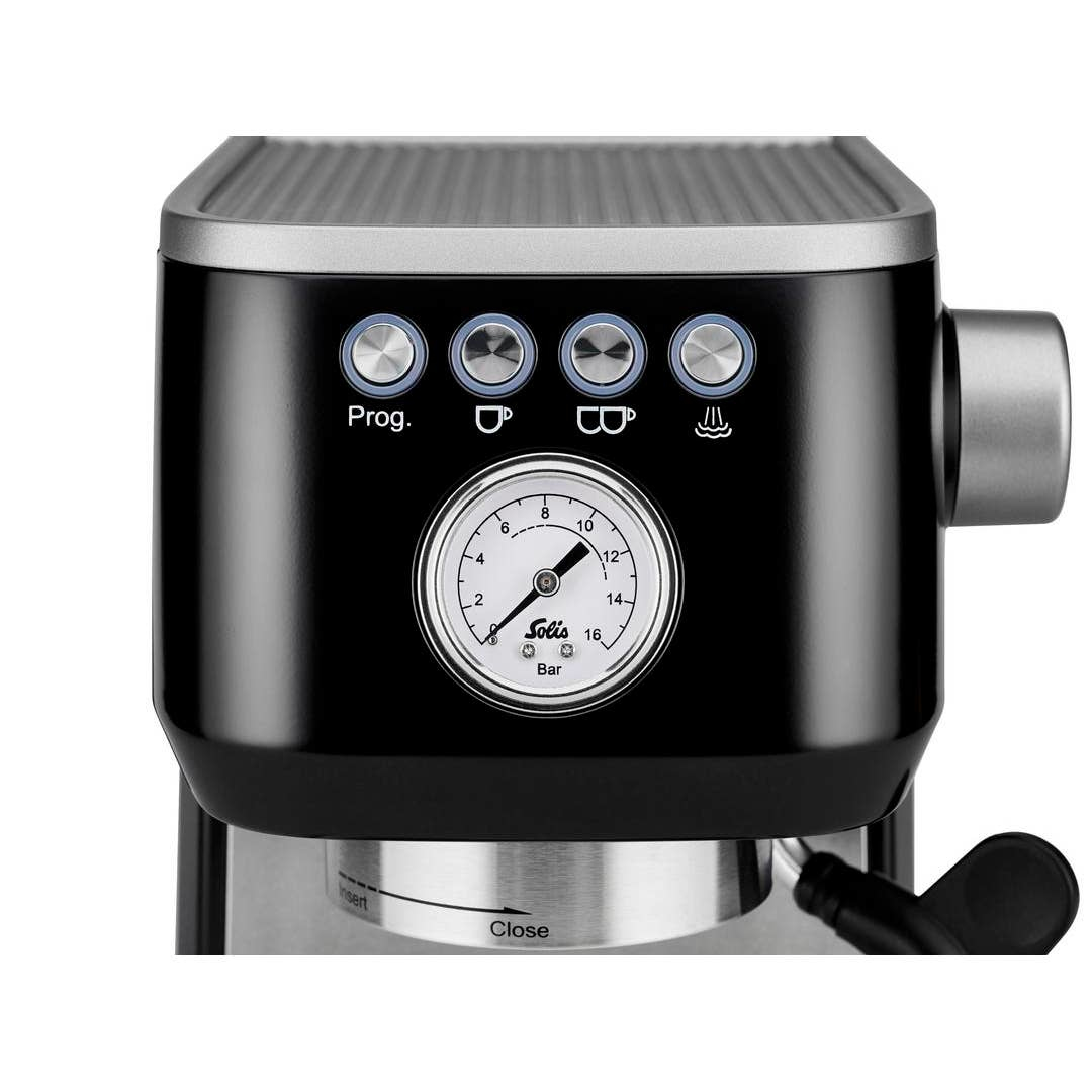 Macchina da caffè espresso Solis nera con pulsanti, manometro e lancia vapore su sfondo neutro.