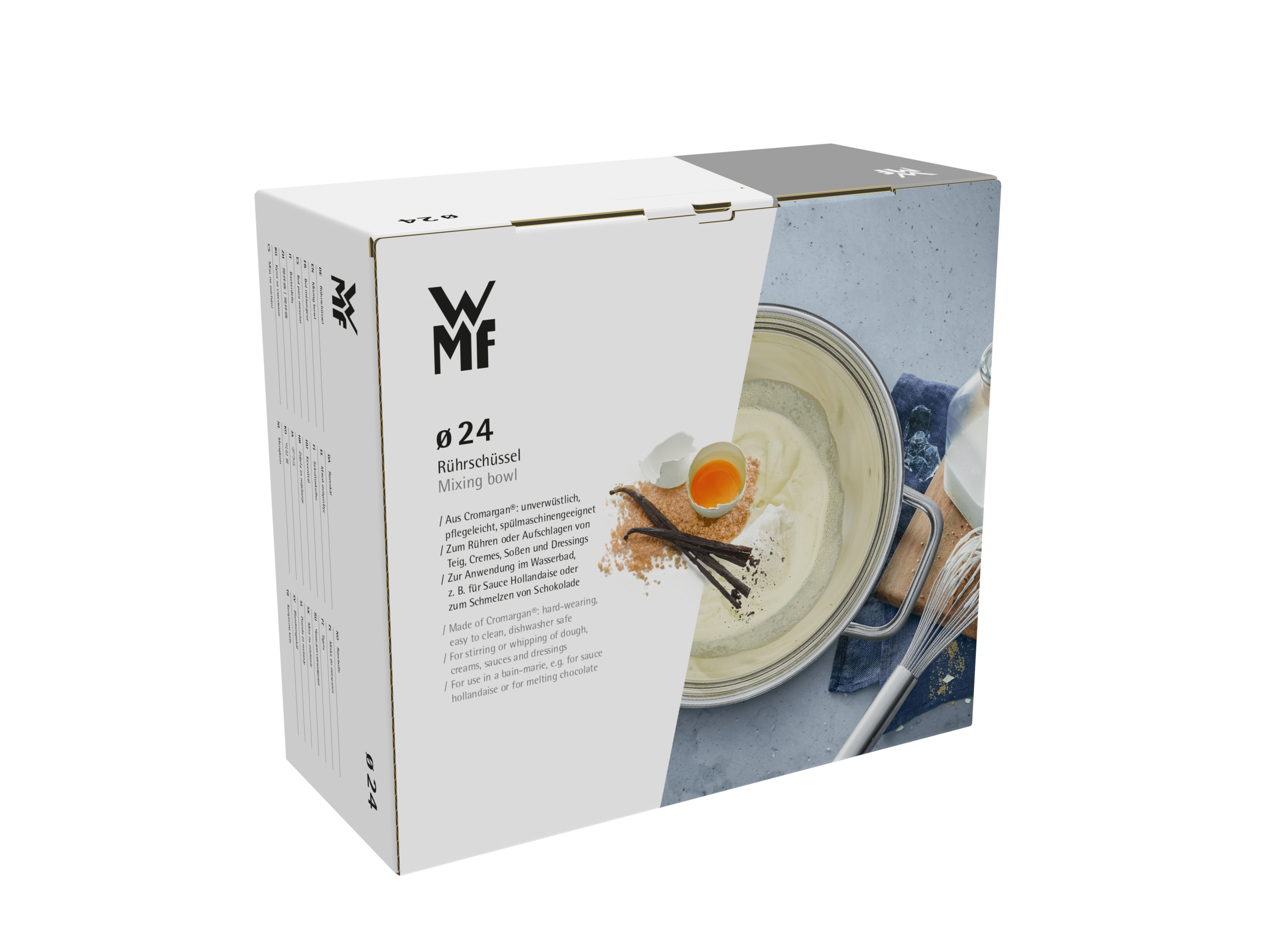 Verpackung einer WMF 24cm Rührschüssel mit Bildern von Teig, Eiern und Vanille.